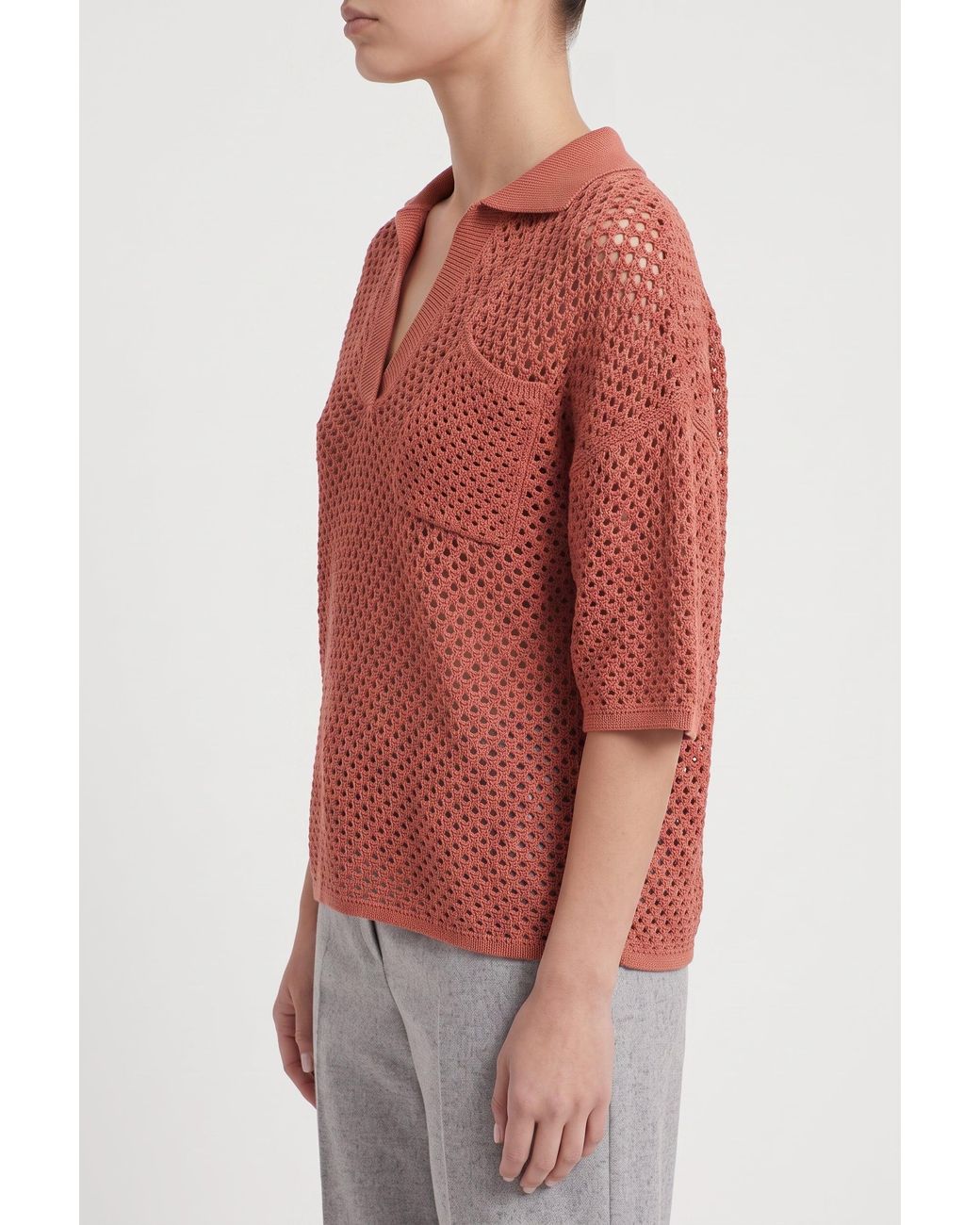 Brunello Cucinelli Red Rust Openwork Cotton Sweater