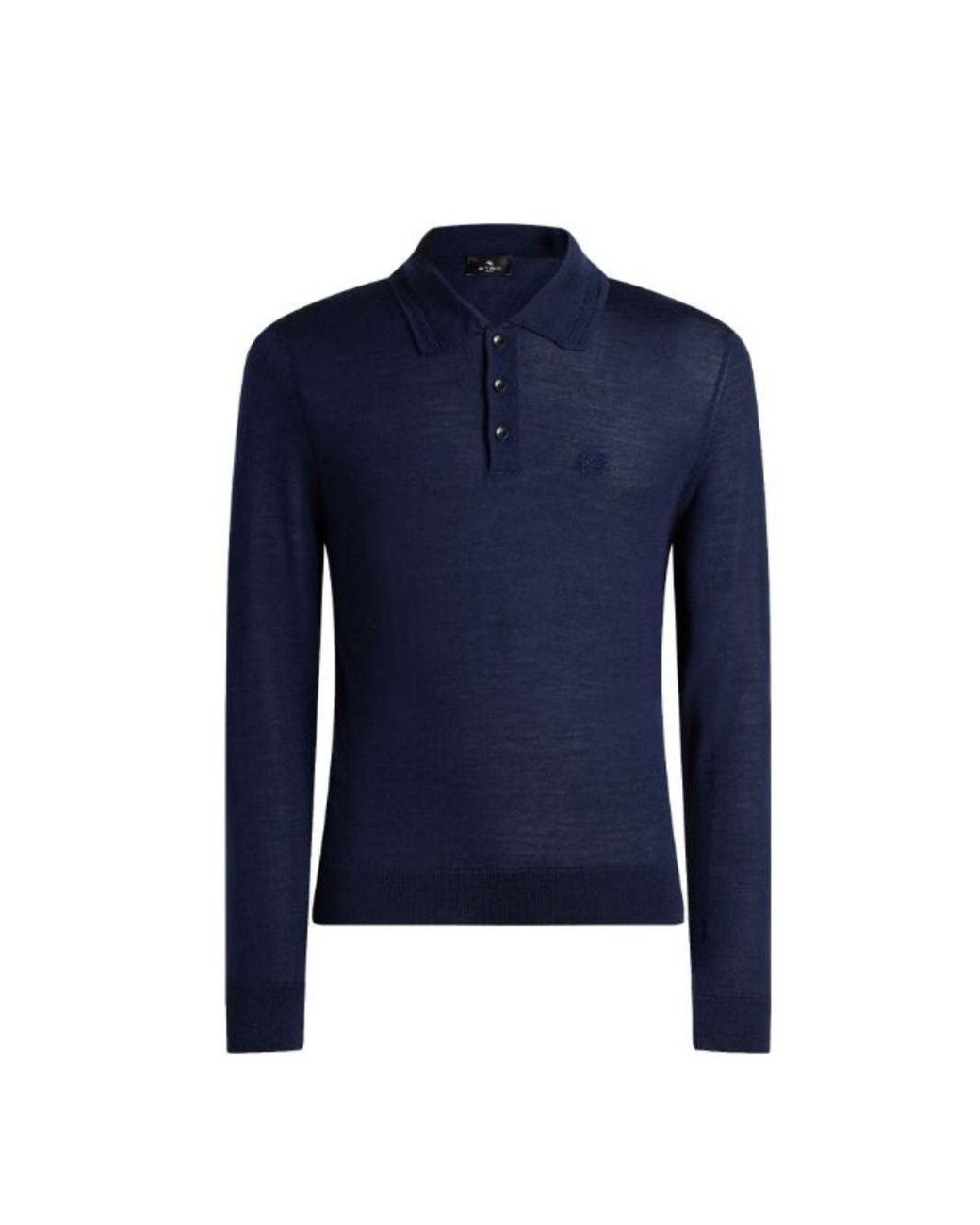 Etro Blue Long-Sleeved Wool And Silk Knit Polo Shirt With Logo Embroidery for men