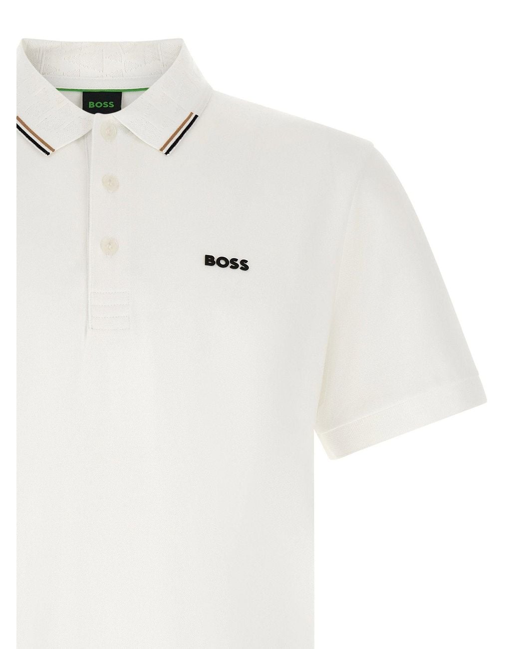 Boss White Monogram Collar Striped Polo Shirt for men