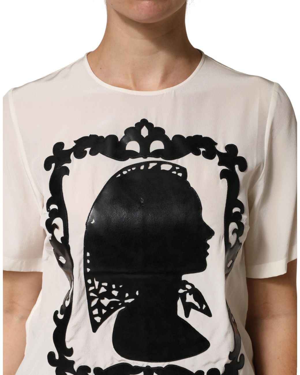 Dolce & Gabbana White Silk Silhouette Detail Short Sleeve Top