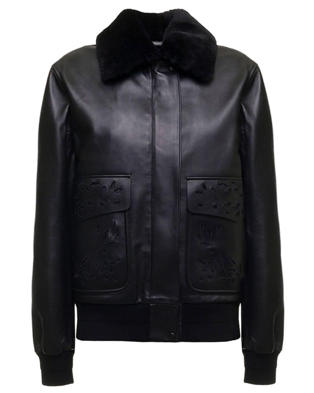 Chloé Womans Leather Bomber Jacket in Black | Lyst