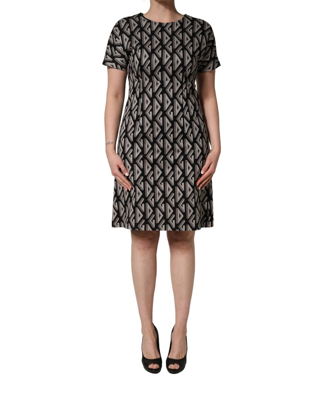 Dolce & Gabbana Black Logo Print Cotton Knee Length Dress