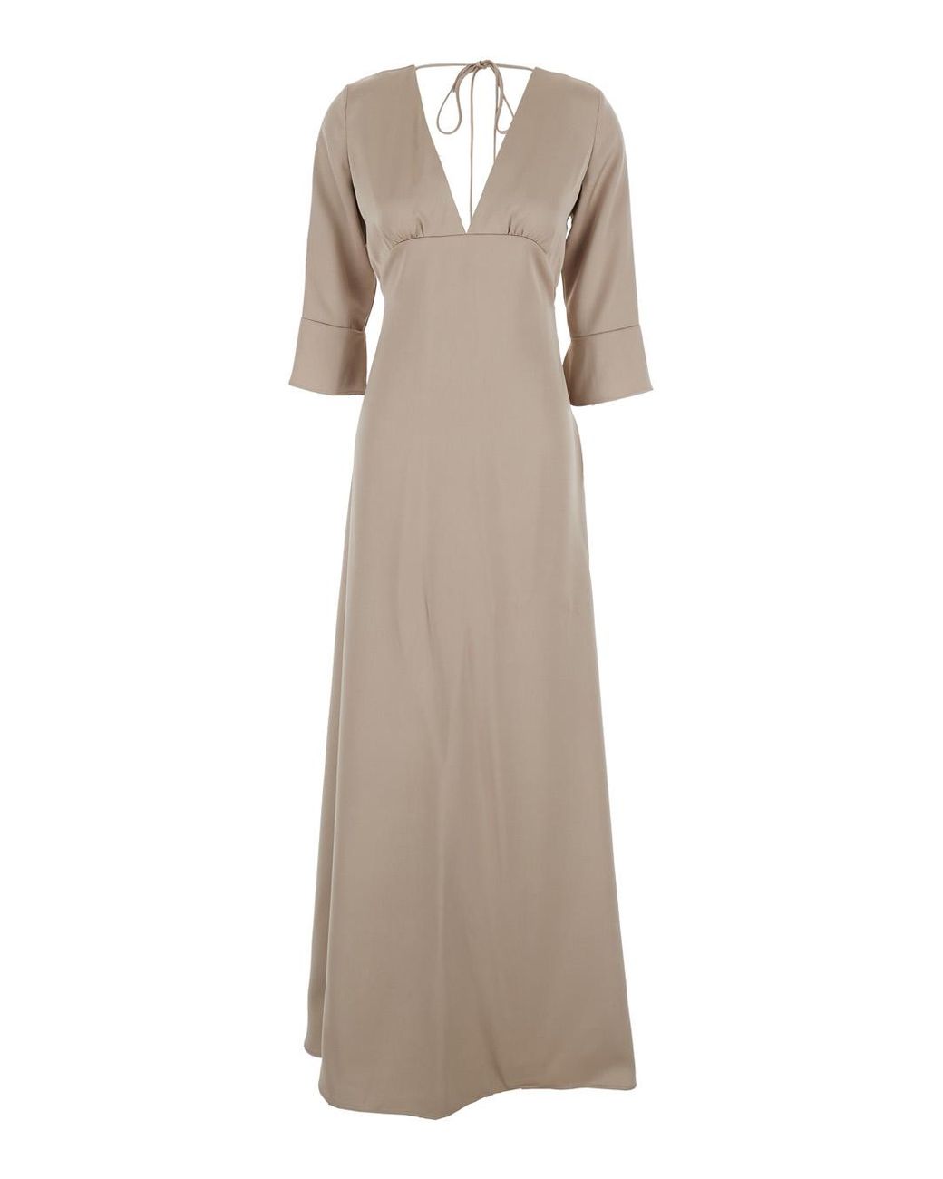 Le Plain Natural Maxi Dress With Front And Rear V Neck Bow On The