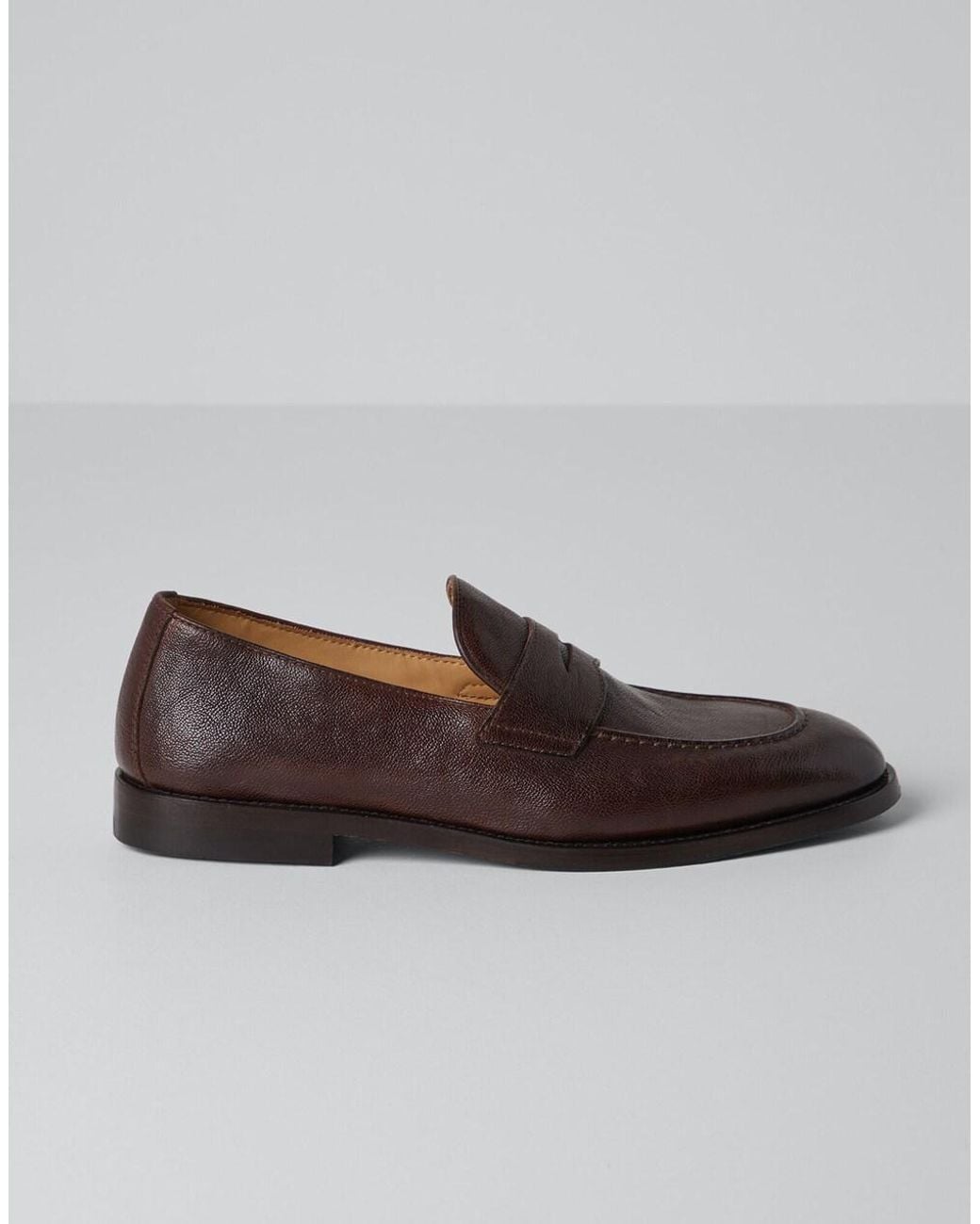 Brunello Cucinelli Brown Chestnut Leather Penny Loafer Shoe for men