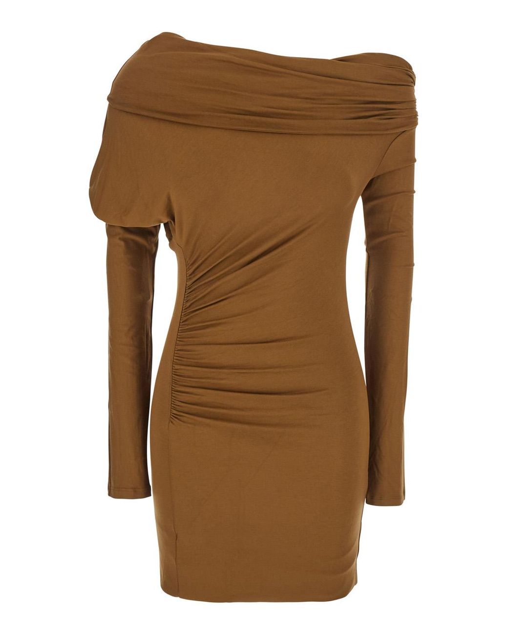 ANDAMANE Brown Zoe Dress With Asymmetrical Design And Draped Detail