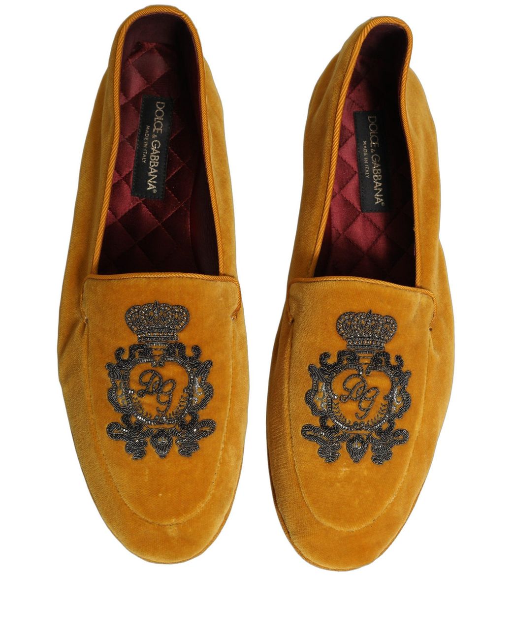 Dolce & Gabbana Orange Velvet Crown Embroidery Loafers Shoes Leather for men