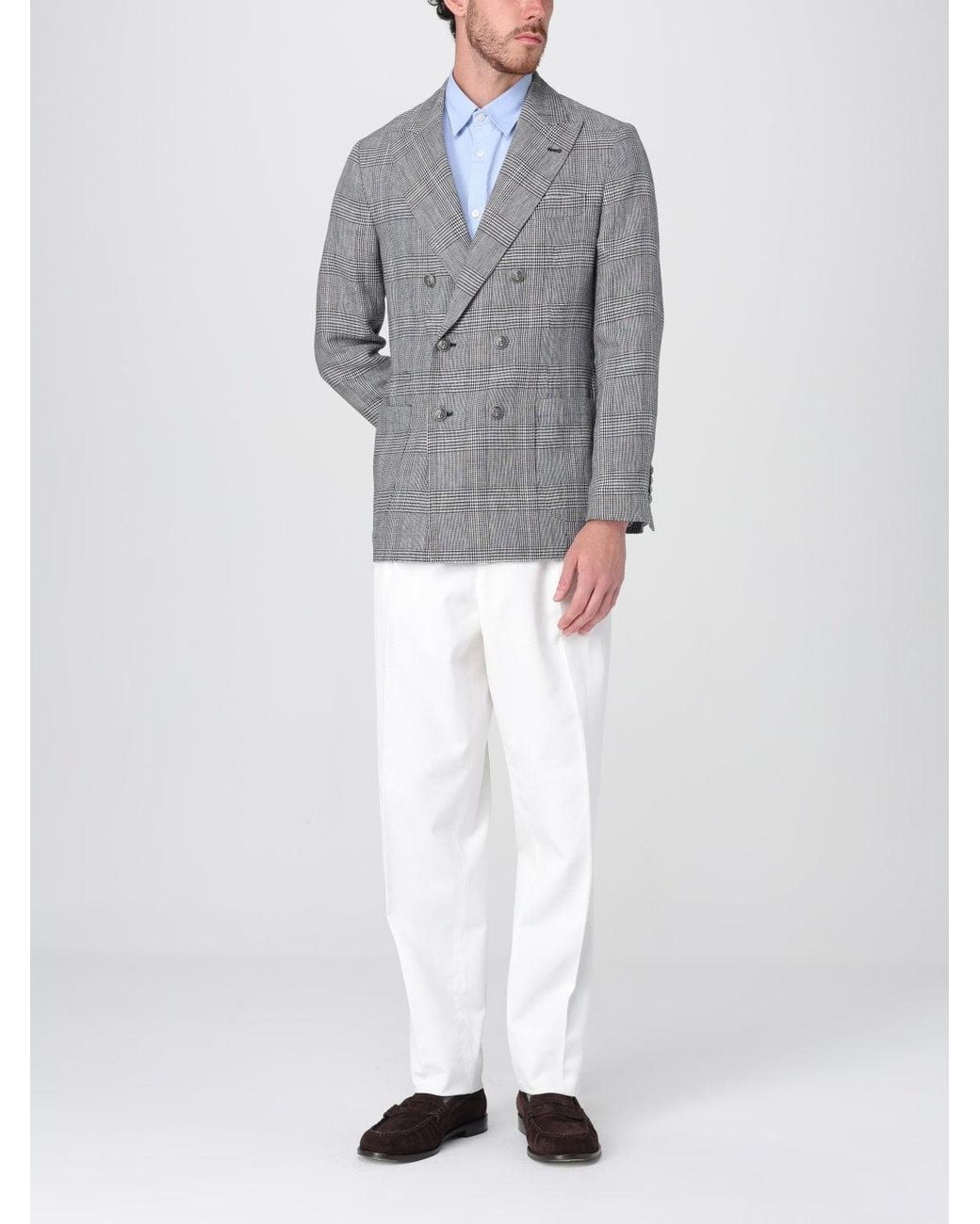 Brunello Cucinelli Gray Plaid Double Breasted Blazer for men