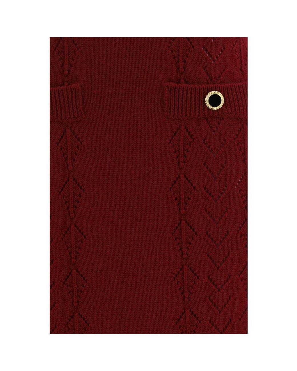 Alessandra Rich Red Bordeaux Wool Oves Aries Midi Skirt