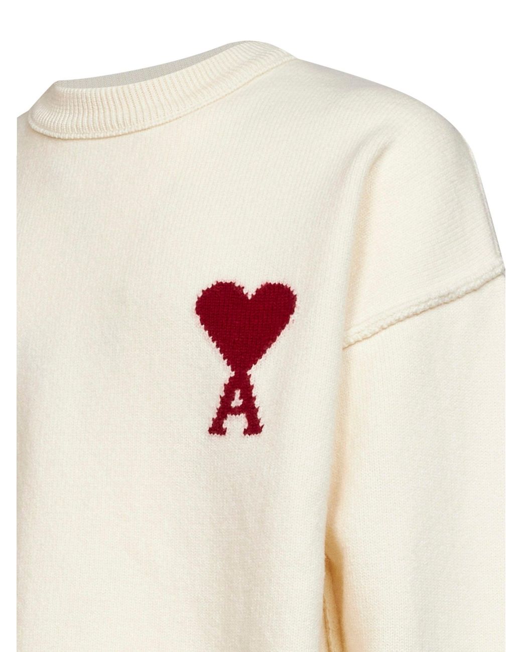 AMI White Ecru Felted Merino Wool Ami De Cœur Crewneck Sweater for men