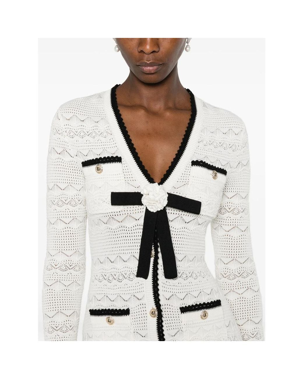 Self-Portrait White Sweater V-Neck Pointelle Knit