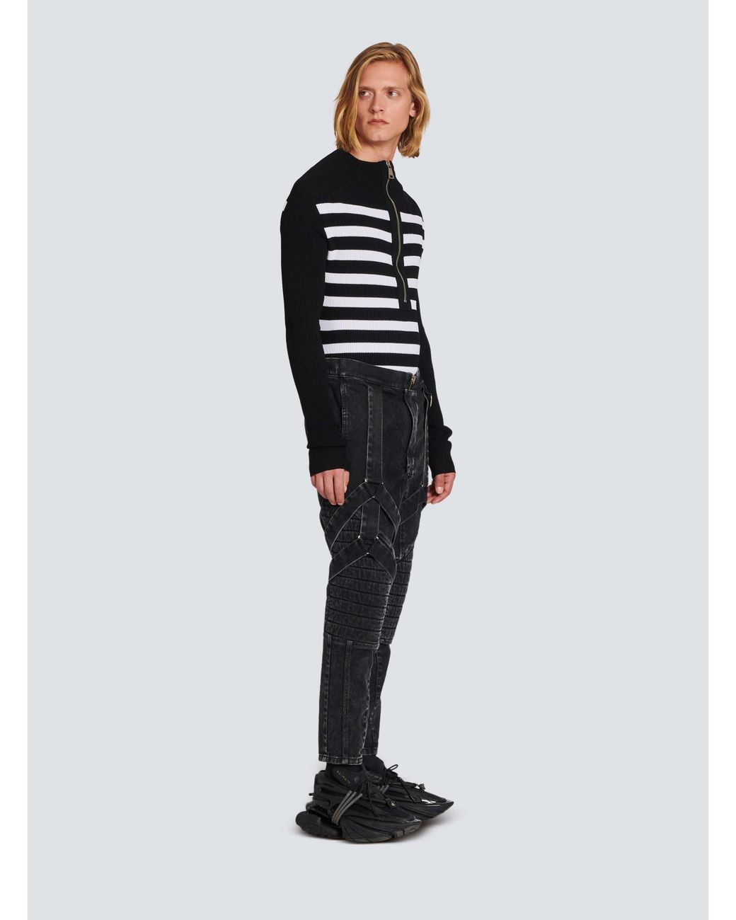 Balmain Blue Acid Wash Denim Pants With Straps for men
