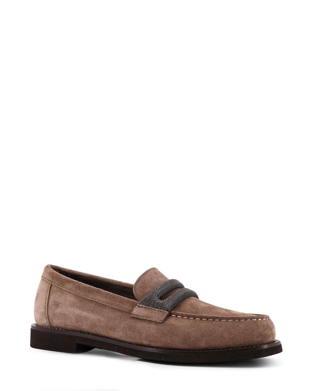 Brunello Cucinelli Brown Suede Lofers With Monili Detail