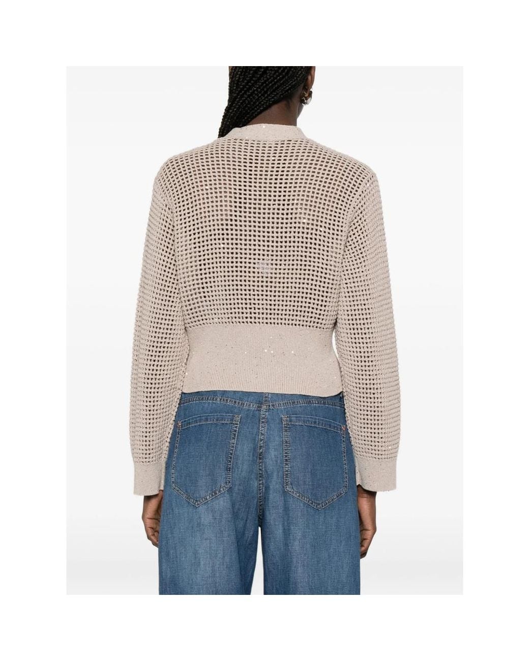 Brunello Cucinelli Natural Cadrigan Sequin Mesh Sweaters And Cardigans