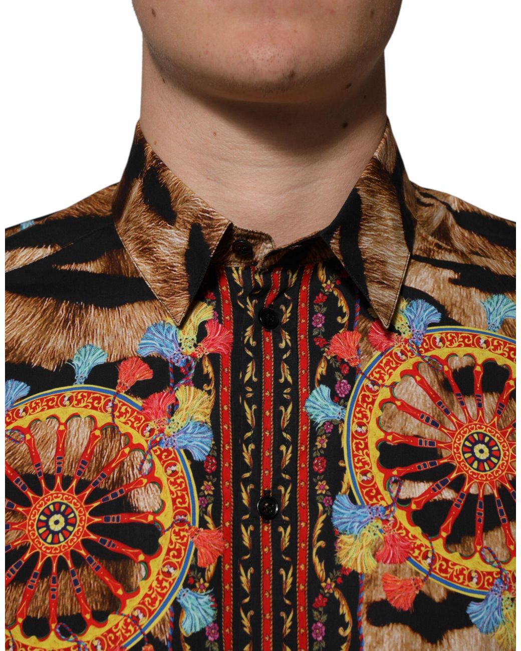 Dolce & Gabbana Brown Cotton Tiger Carretto Long Sleeve Shirt for men