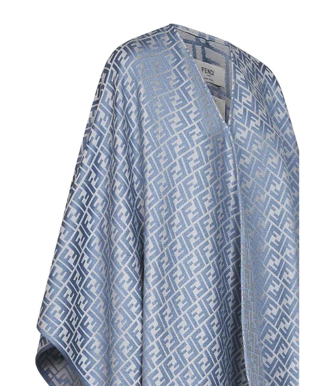 Fendi Blue Poncho Ff Jacquard Wool And Silk Capes