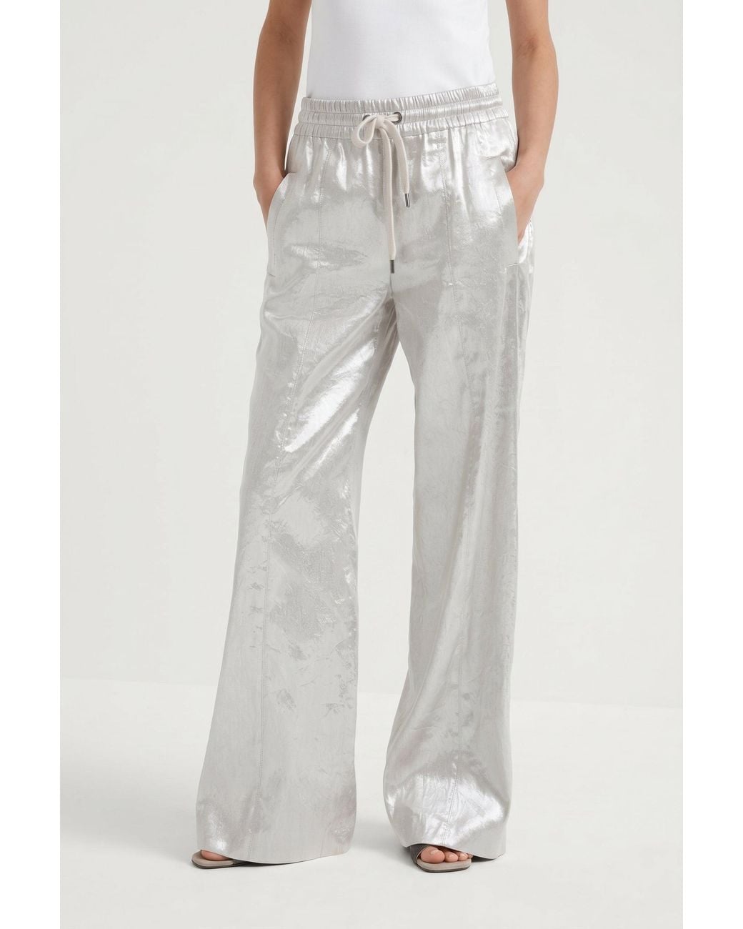 Brunello Cucinelli Gray Linen Wide Leg Trousers