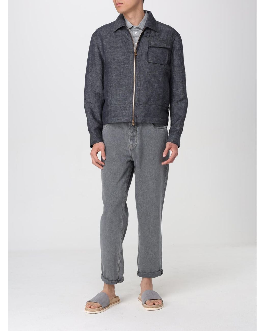 Brunello Cucinelli Gray Linen Zip Jacket for men