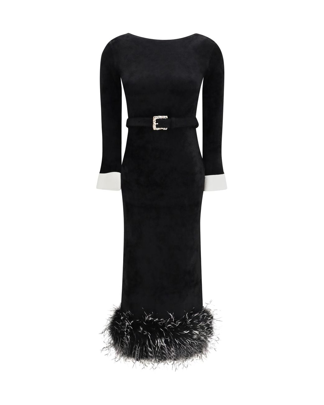 Self-Portrait Black Feather-Trimmed Chenille Midi Dress Viscose