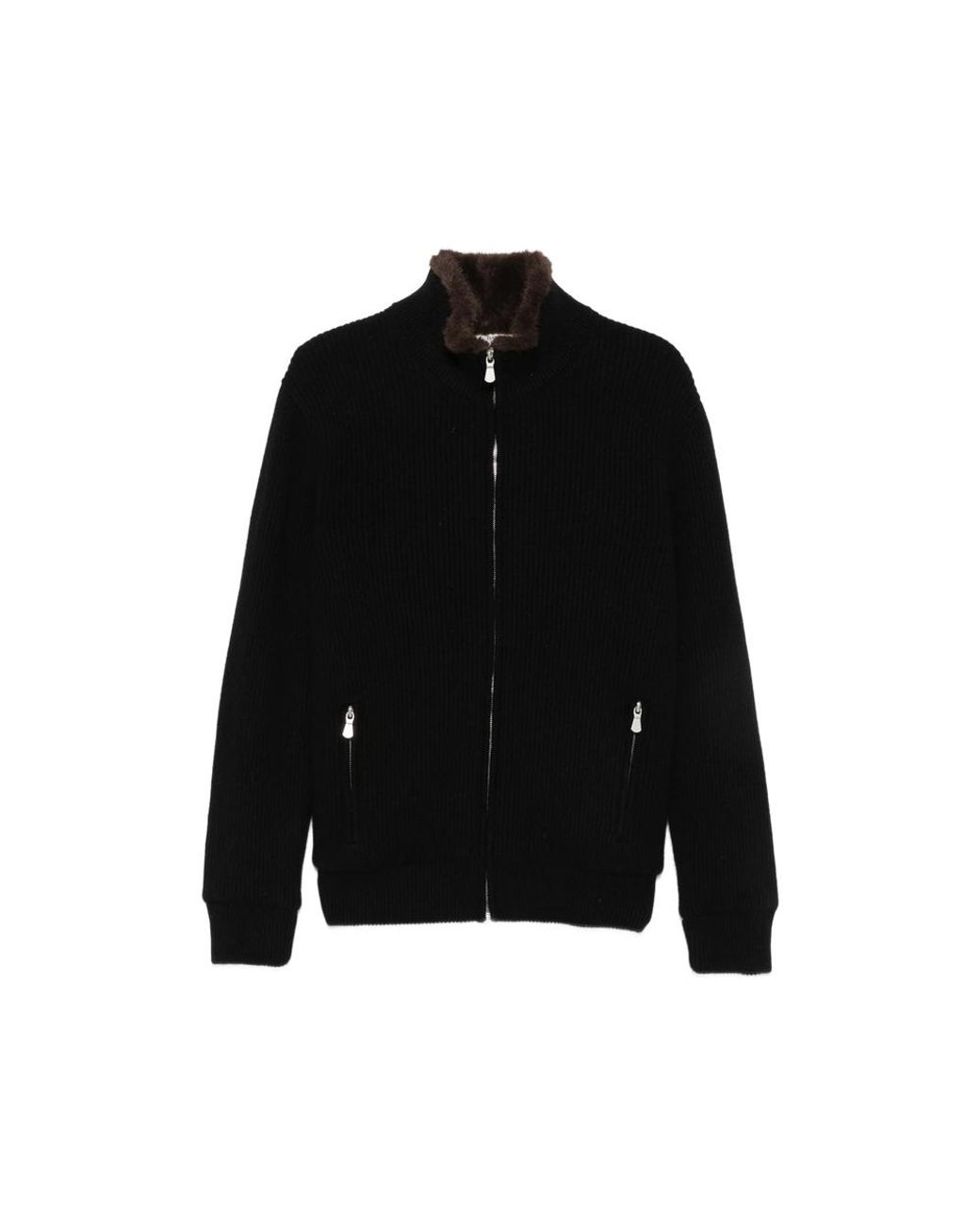 Barba Napoli Black Ribbed-Knit Faux-Fur-Trim Jacket for men