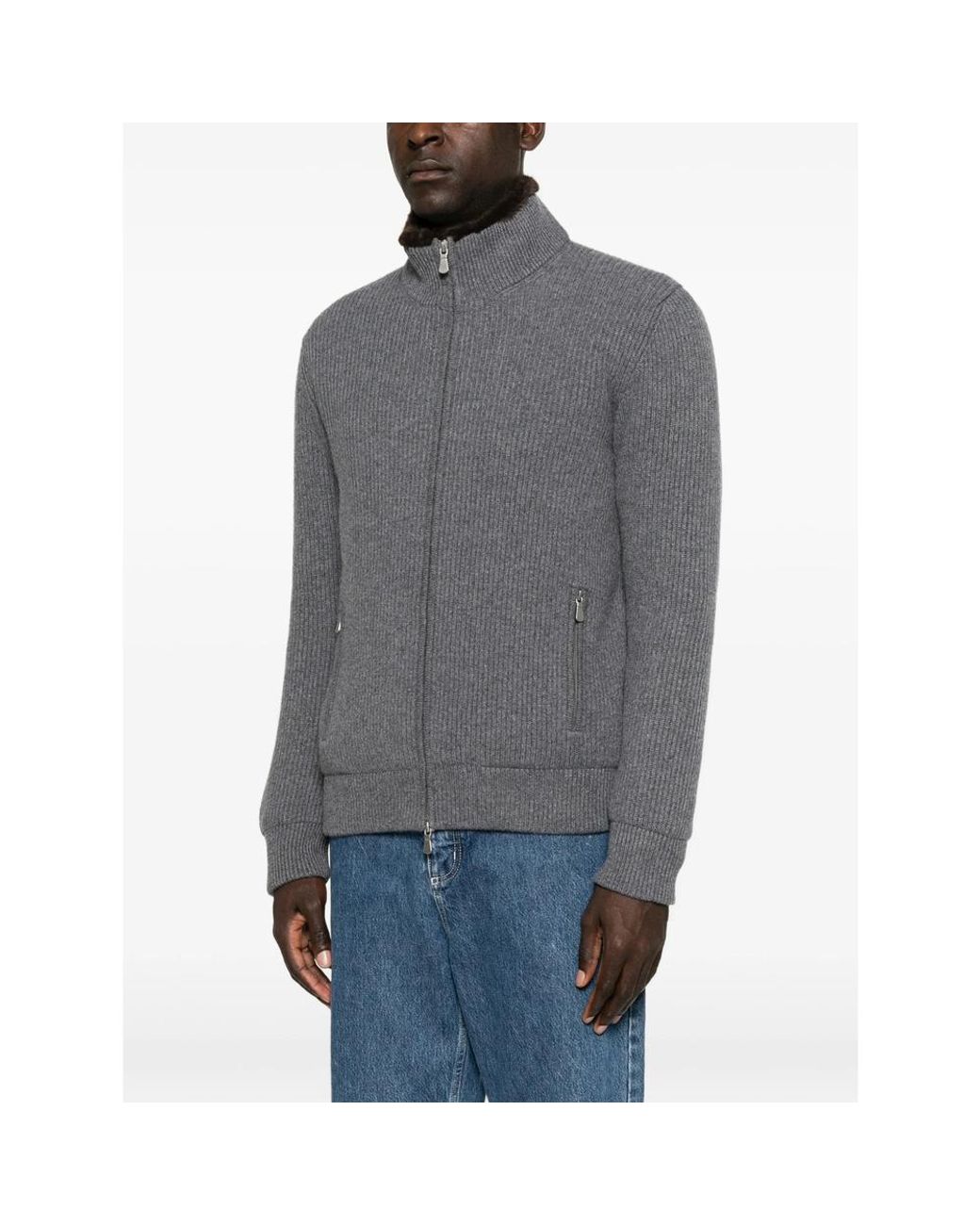 Barba Napoli Gray Fur-Trim Ribbed-Knit Jacket for men
