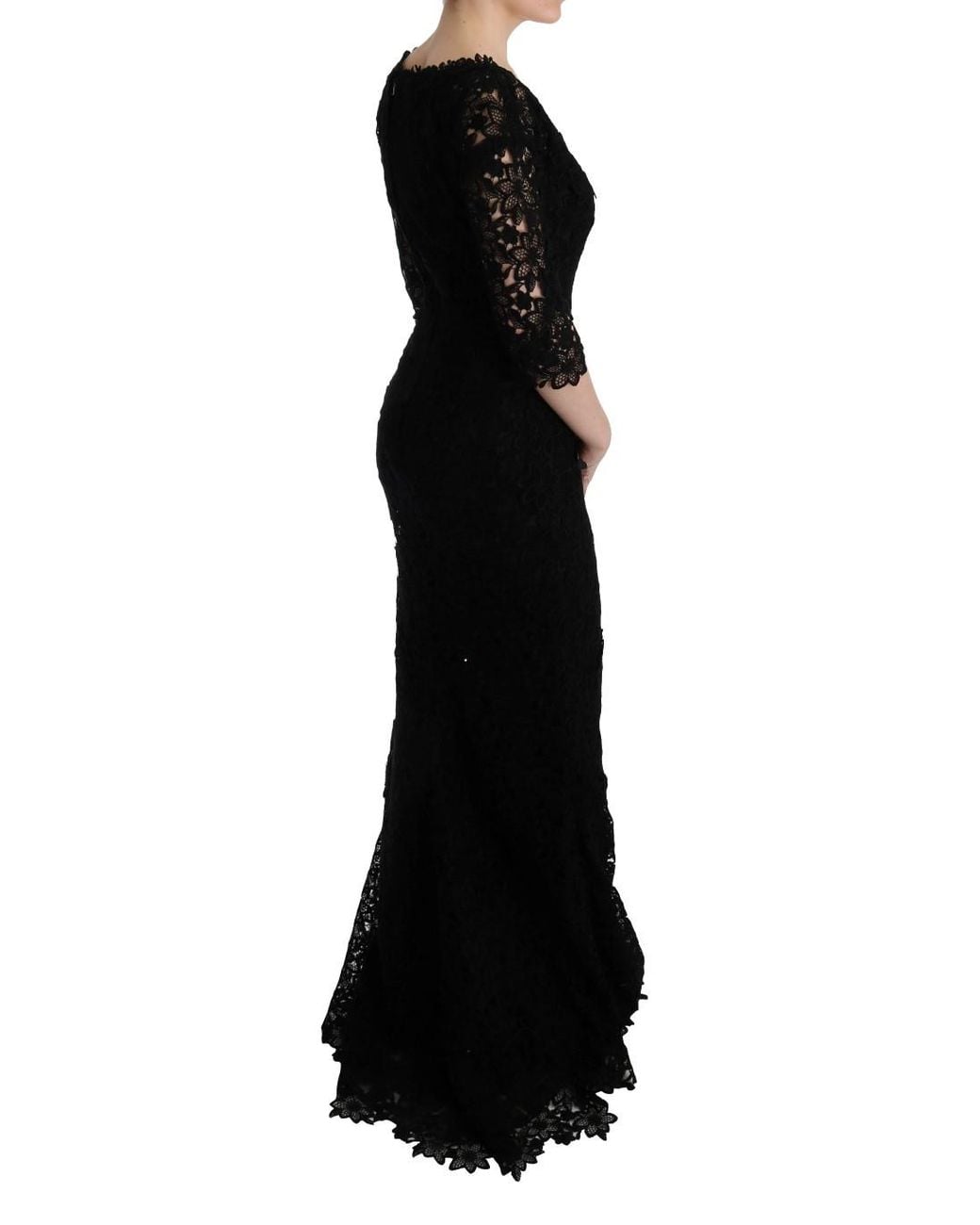Dolce & Gabbana Black Lace Long Dress Slim Fit Round Neck