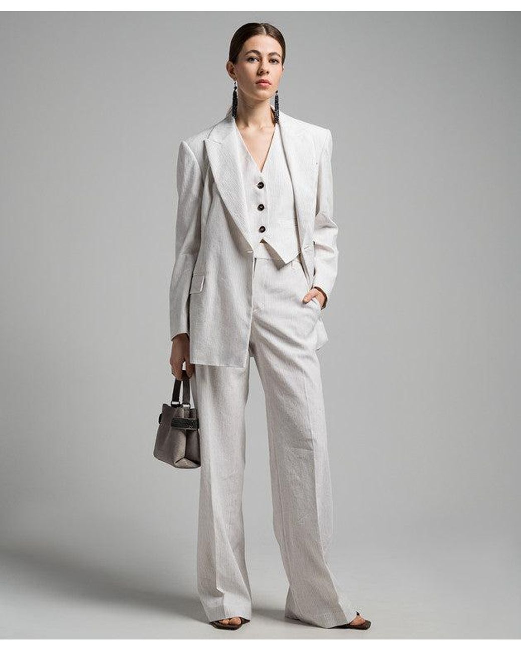 Brunello Cucinelli White Striped Linen Cotton Trousers