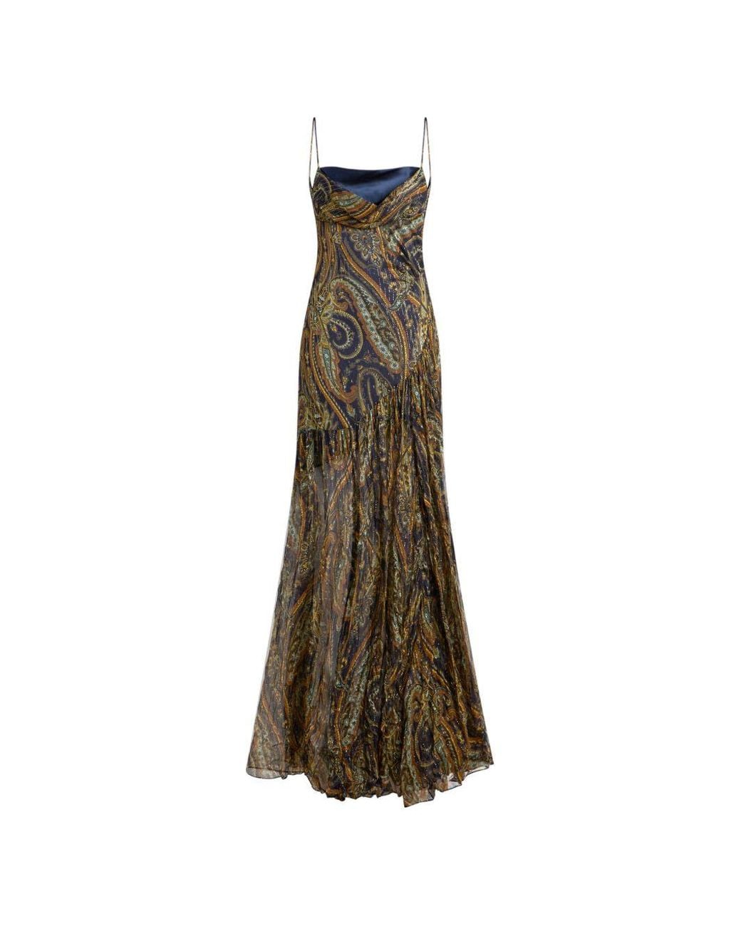 Etro Natural Long Silk Dress With Draping And Paisley Motif