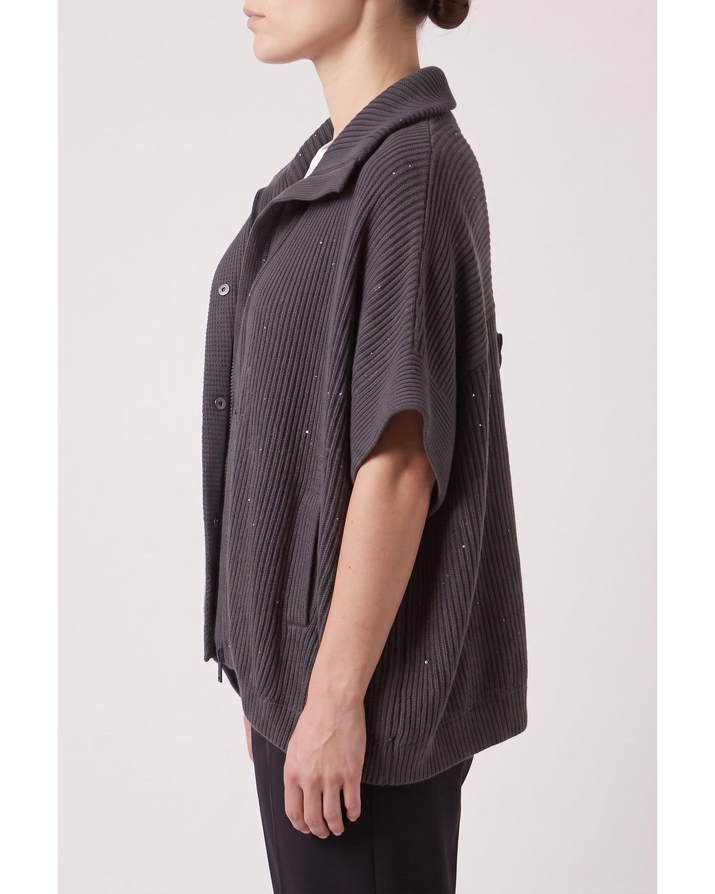 Brunello Cucinelli Black Charcoal Ribbed Knit Jacket