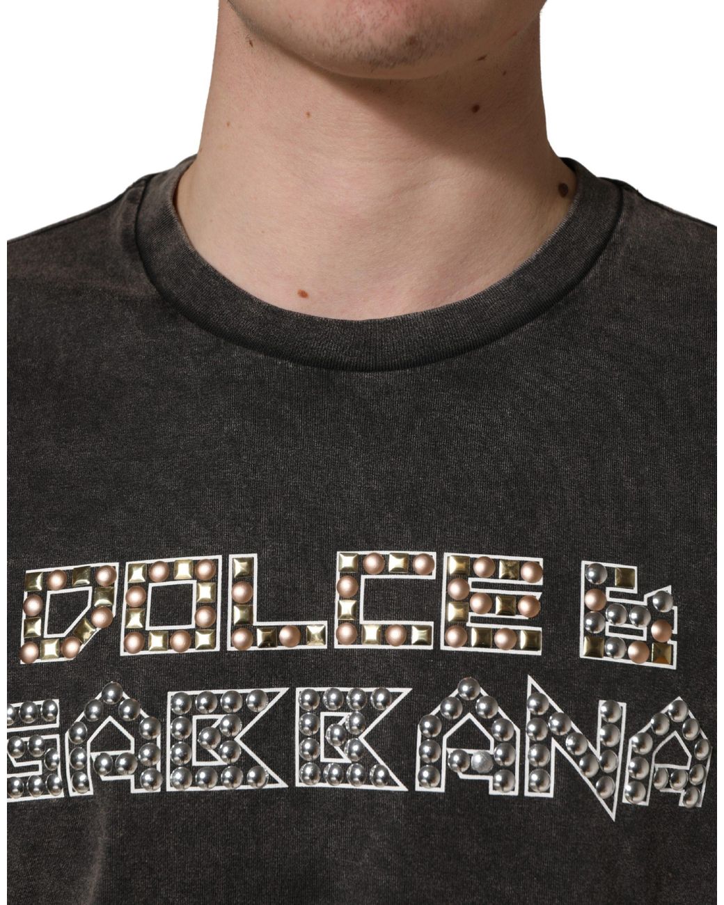 Dolce & Gabbana Black Gray Logo Embellished Men Crew Neck T for men
