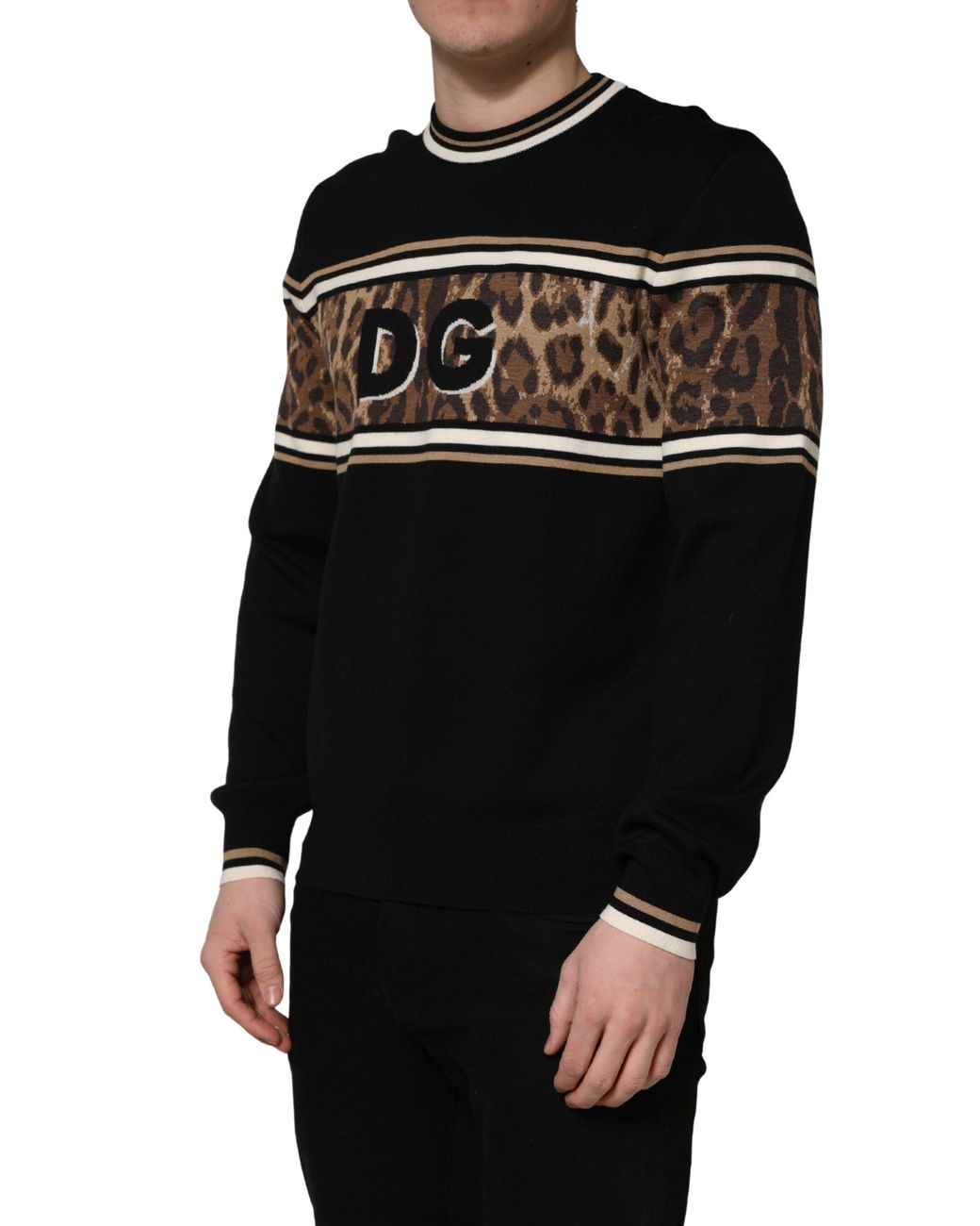 Dolce & Gabbana Black Leopard Wool Crew Neck Pullover Sweater Virgin Nylon Clothing for men