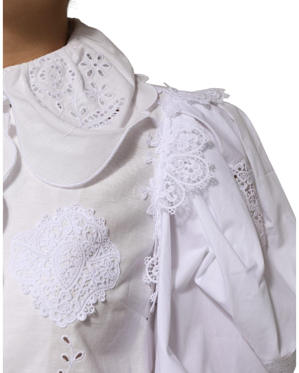 Dolce & Gabbana Gray White Ruffled Lace Embellished Blouse Top