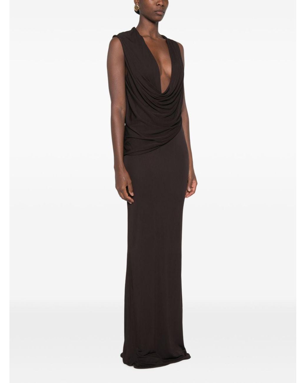 Tom Ford Black Long Coffee-Colored Viscose Jersey Crêpe Draped Evening Gown With Cowl Neckline