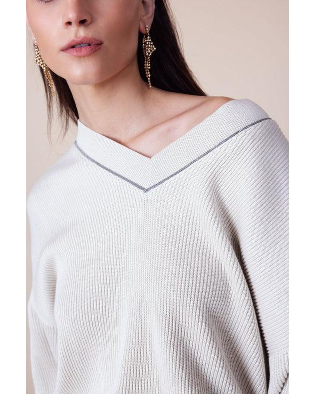 Brunello Cucinelli Natural Ribbed V Neck Sweater