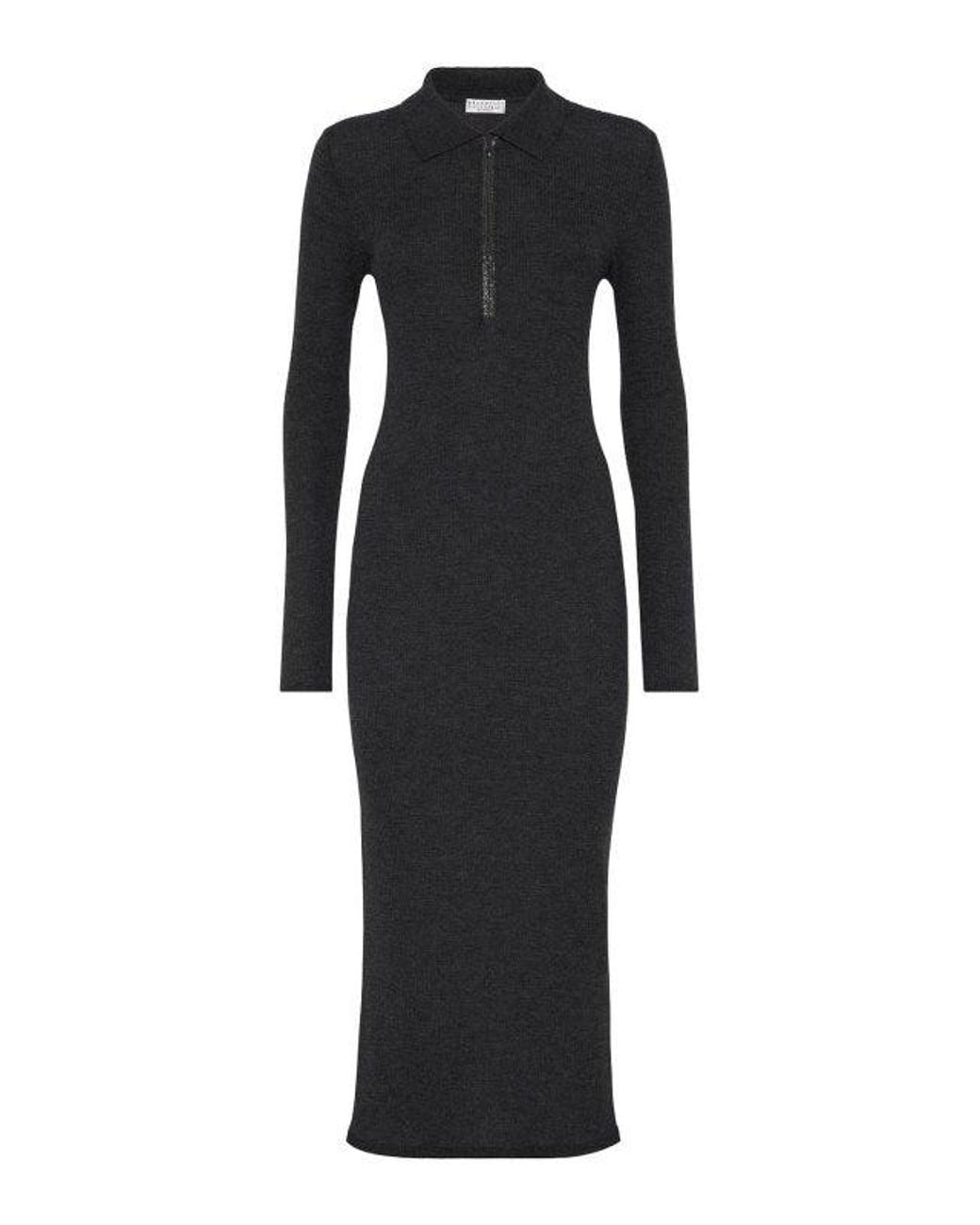 Brunello Cucinelli Black Anthracite Wool Blend Knit Dress