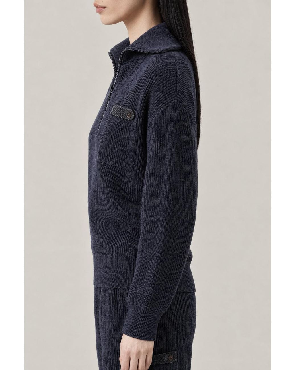 Brunello Cucinelli Blue Night Sky Half Zip Ribbed Cotton Sweater Clothing