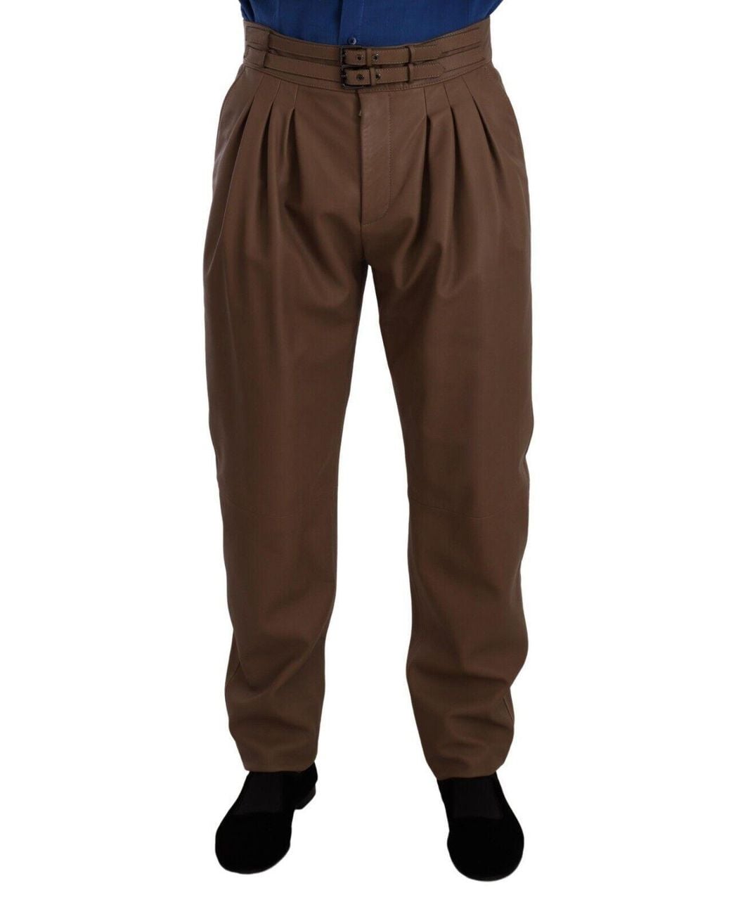 Dolce & Gabbana Black Brown Leather Tapered High Waist Pants for men
