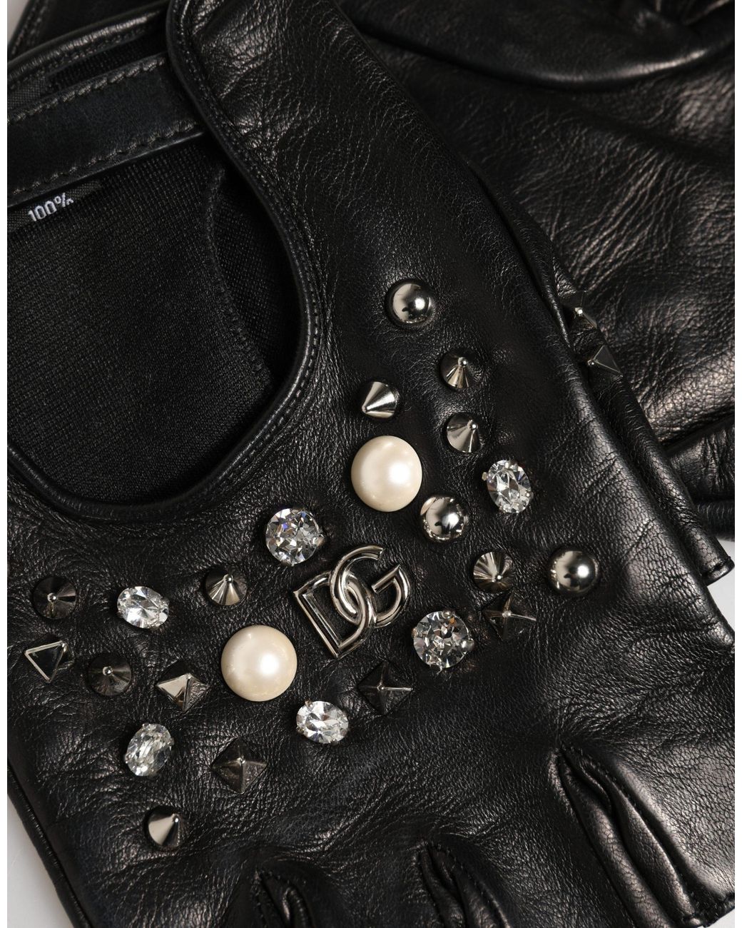 Dolce & Gabbana Black Embellished Wrist Length Mitten Gloves Genuine Leather