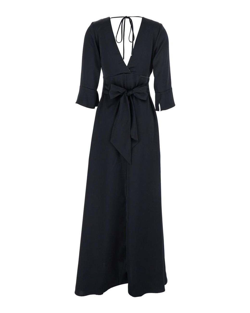 Le Plain Blue Maxi Dress With Front And Rear V Neck Bow On The