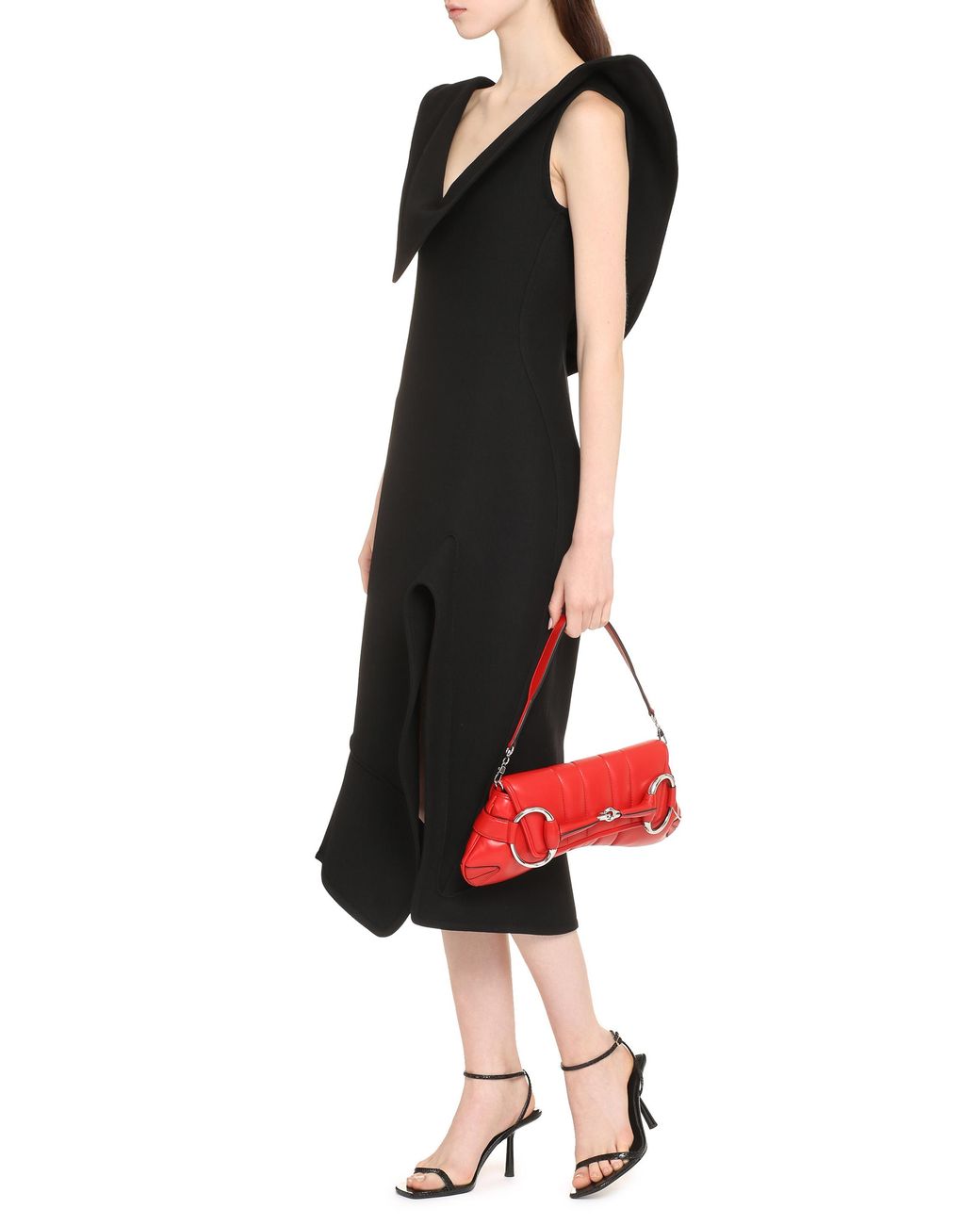 Bottega Veneta Black Structured Leather Midi Dress