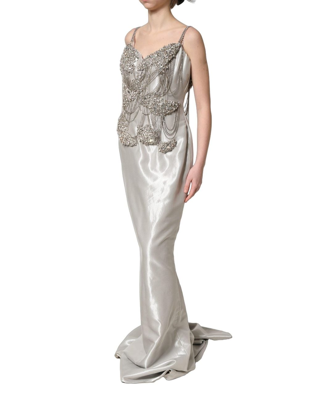 Dolce & Gabbana Metallic Crystal Embellished Eveninggown Dress Silk Elastane