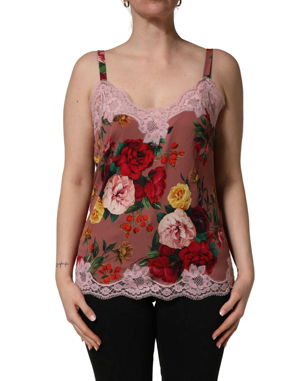 Dolce & Gabbana Red Rose Print Satin Lace Camisole Tank Top Cotton Elastane Nylon Silk
