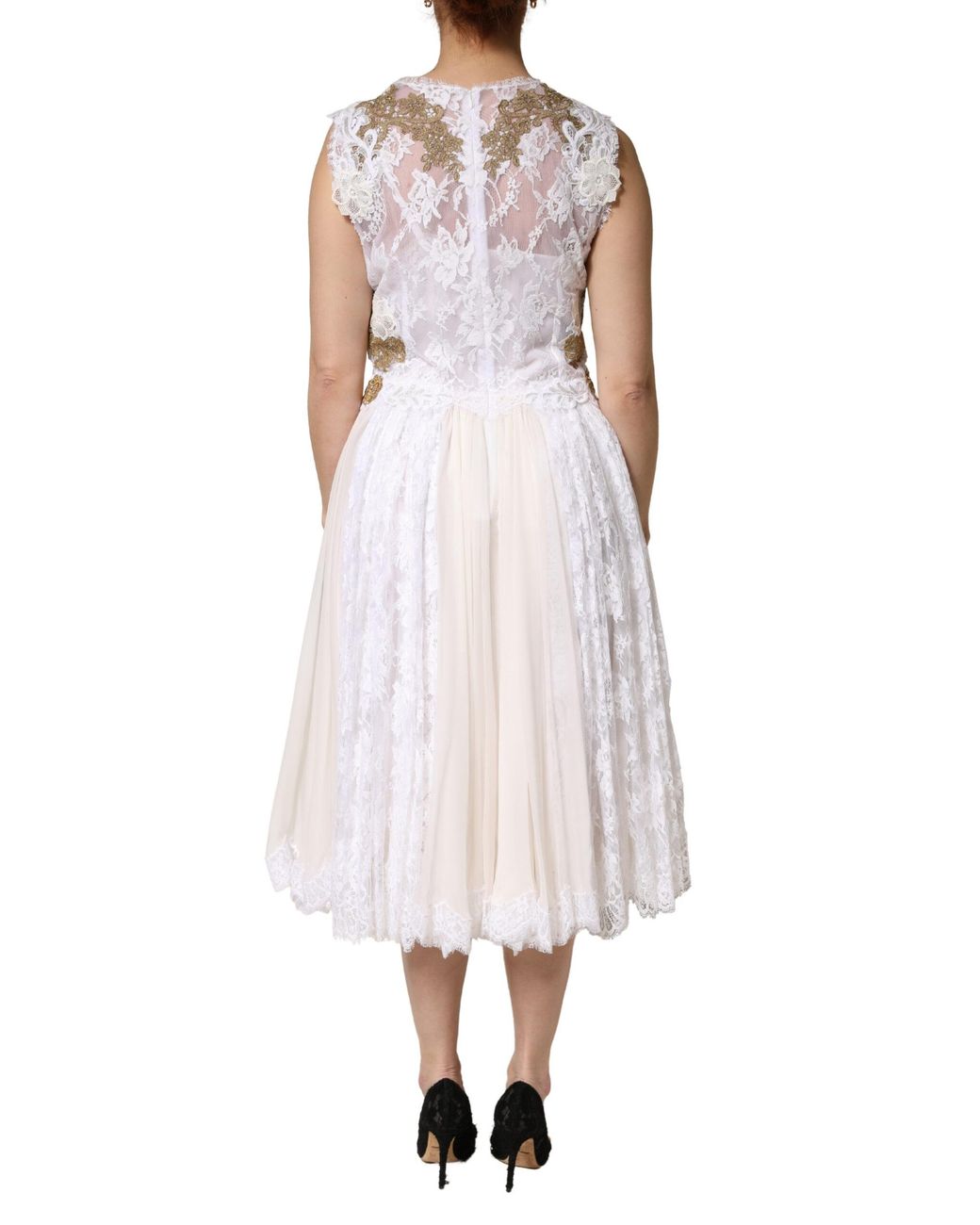 Dolce & Gabbana White Ivory Lace Silk Embellished Sleeveless Dress Cotton