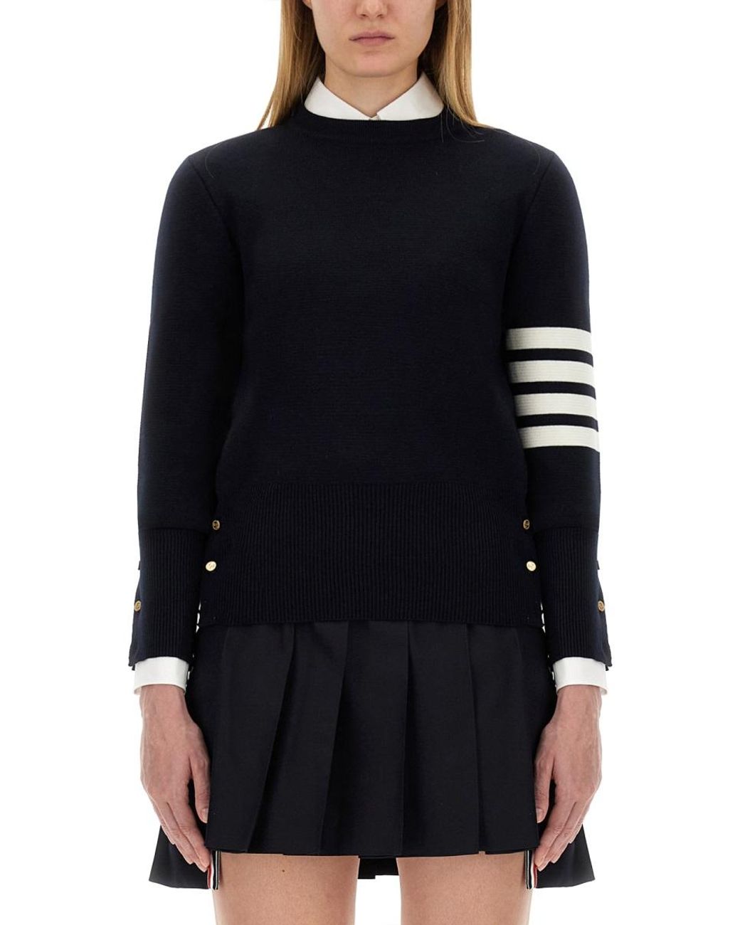 Thom Browne Blue Milano Stitch Jersey With 4 Bars Virgin Wool Jumpers