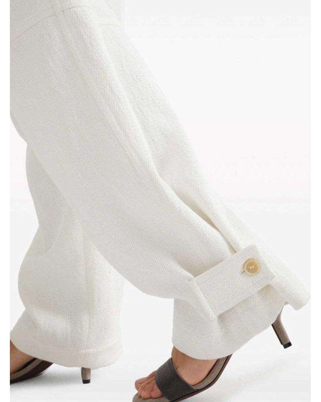 Brunello Cucinelli White Off Linen Tapered Trousers
