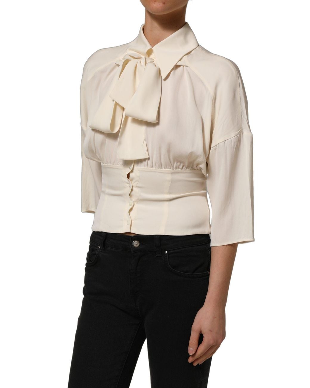 Dolce & Gabbana Natural Ascot Collar Long Sleeves Blouse Top Silk Elastane