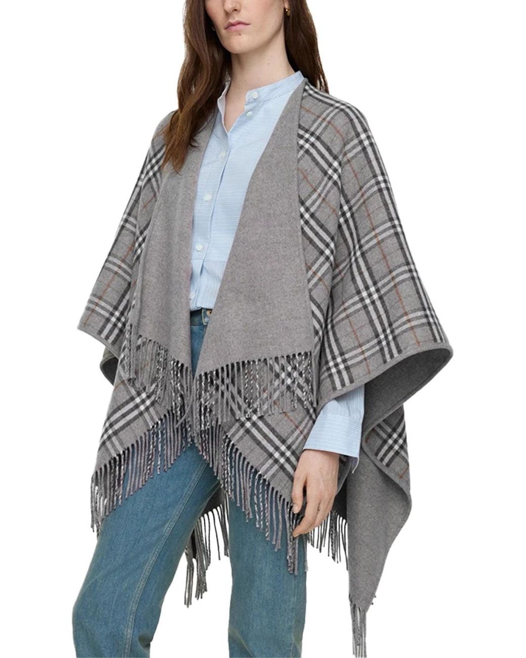 Burberry Gray Reversible Check Wool Cape