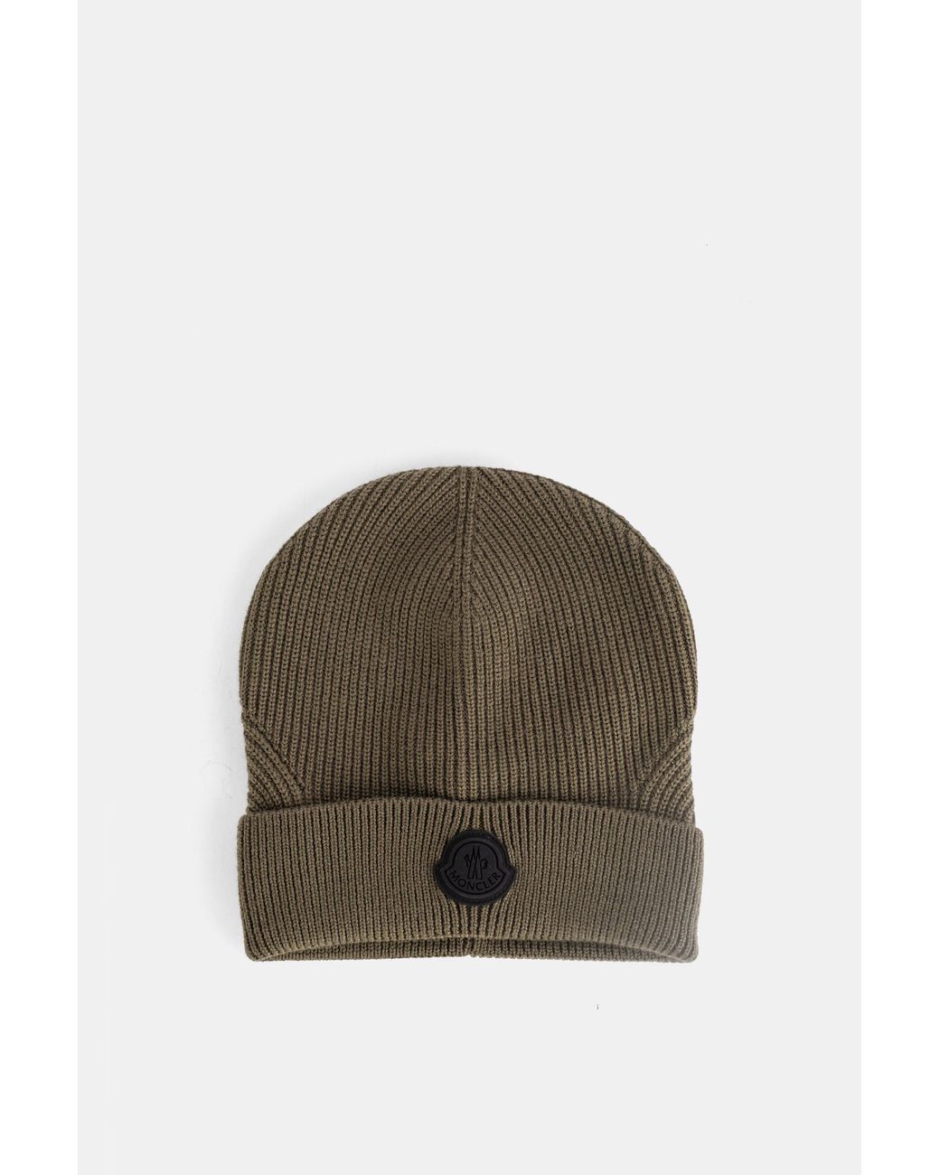 Moncler Green Ribbed Wool Beanie With Logo Patch Hat for men