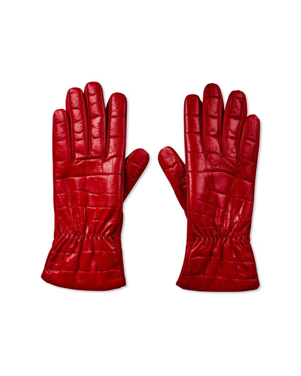 Bottega Veneta Red Croc Embossed Logo Leather Gloves Accessories