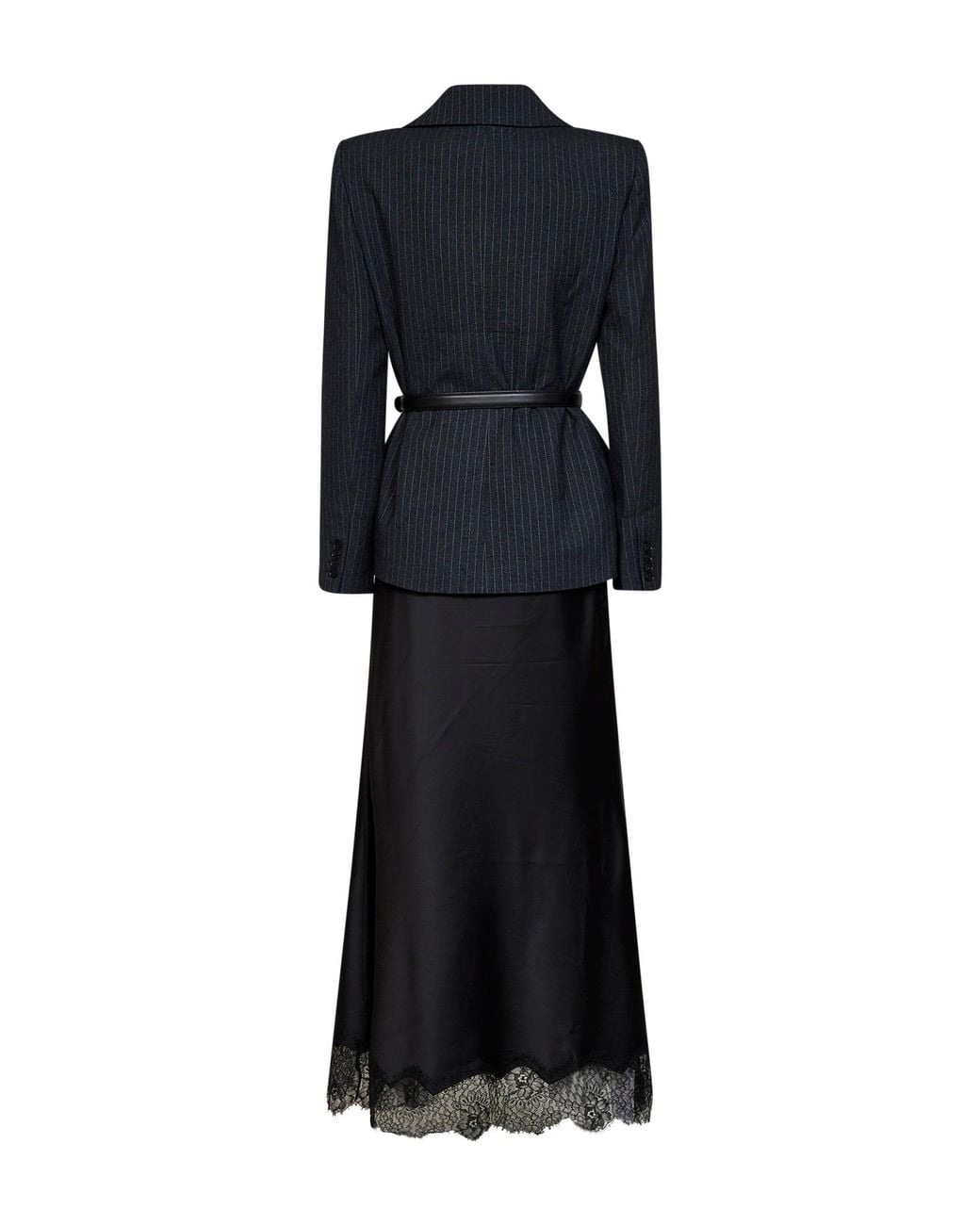 Self-Portrait Black Tailored Dress With Pinstriped Blazer And Satin Skirt