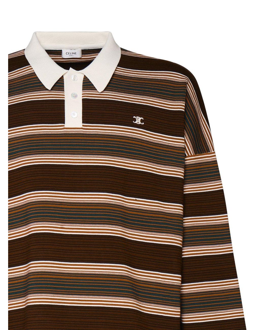 Celine Logo-Embroidered Striped Polo Shirt in Brown for Men | Lyst